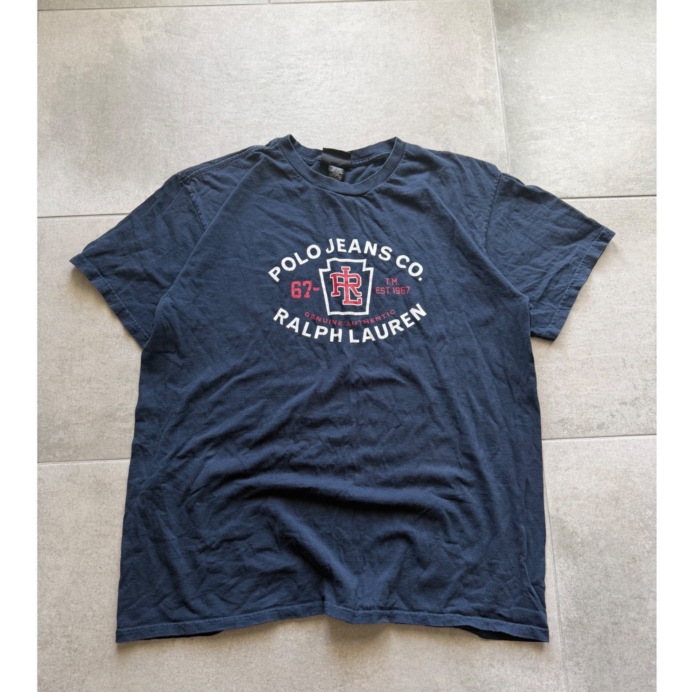 Vintage Polo Jeans Co Ralph Lauren Mens Navy Blue Graphic Tee Shirt L Cotton